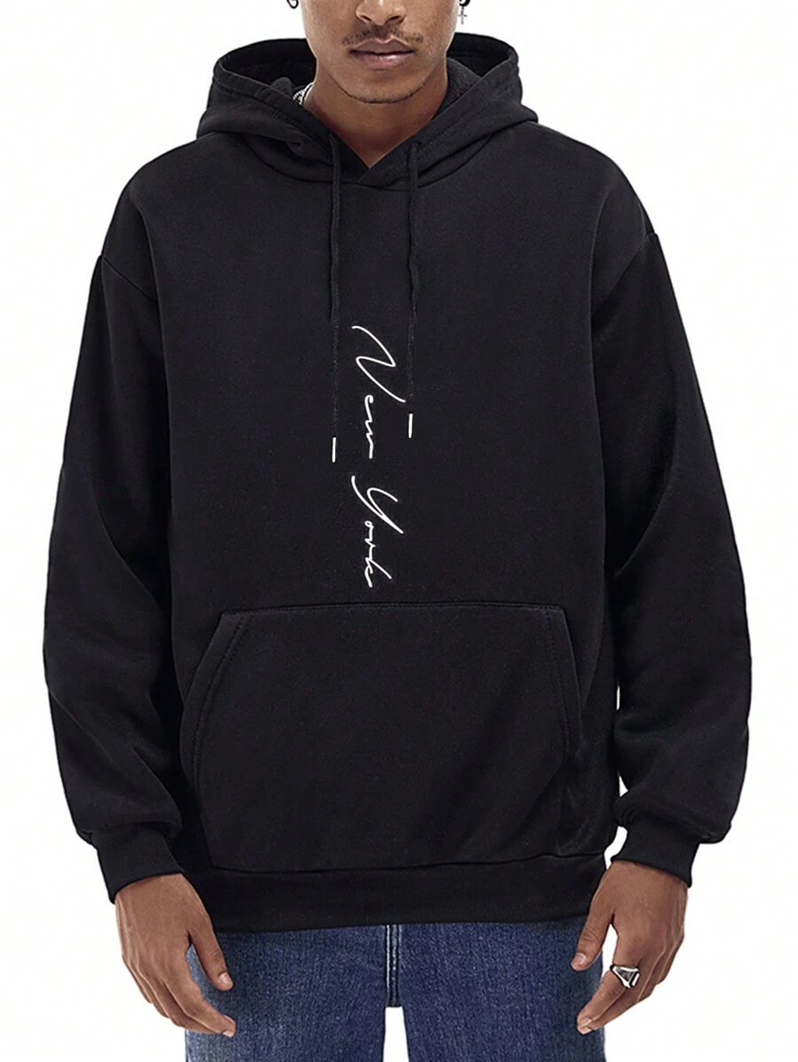 RueChic Men's Letter Print Hooded Sweatshirt With Drawstring - Black - View 1