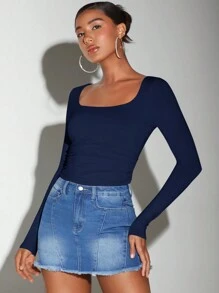 SHEIN BAE Camiseta con cuello cuadrado y drapeado - Azul Marino - Ver 4