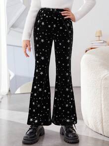 SHEIN 女大童星星印花喇叭褲 - 黑色 - 查看 6