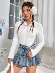 SHEIN EZwear 女式純色3d耳朵設計連帽抱抱服配腰帶 - 白色 - 查看 3