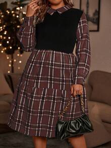 SHEIN LUNE 大尺碼對比領格子裙 - 咖啡棕 - 查看 3