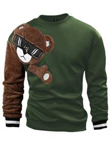 Manfinity Homme Loose Fit Men's Round Neck Pullover With Bear Embroidery - Army Green - View 4
