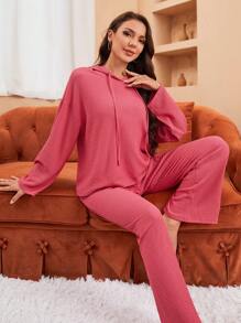 飄肩束腰連帽t恤和褲子休閒套裝 - 玫紅色 - 查看 6