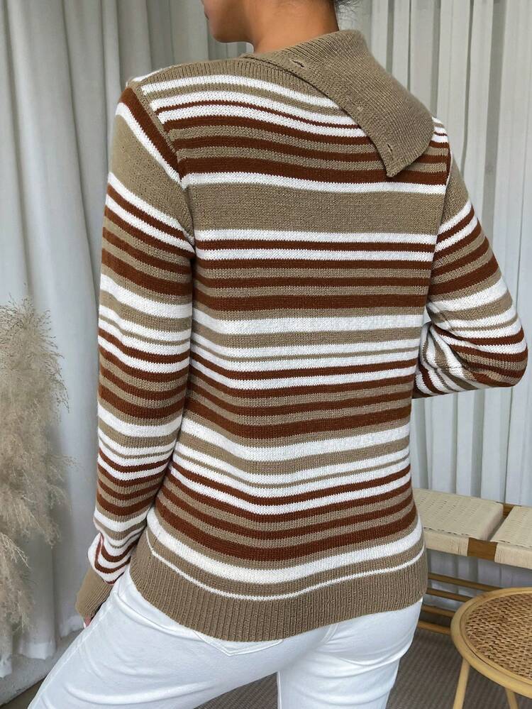 Striped Asymmetric Neckline Knit Pullover Fall Winter Sweater