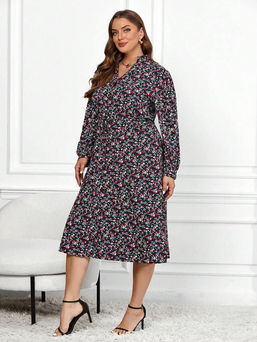 SHEIN Clasi Plus Size Ditsy Floral Print Dress - Multicolor - View 1