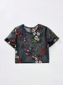 SHEIN Unity 荷葉邊袖口刺繡網紗薄透上衣 - 彩色 - 查看 2