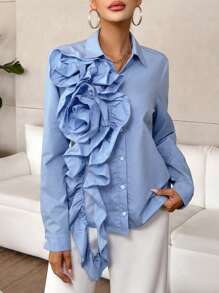 SHEIN Privé Ladies' Solid Color Lace Trimmed Decor Shirt - Blue - View 4