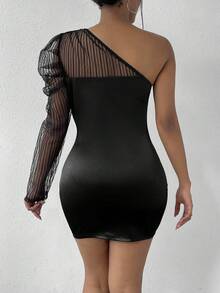 SHEIN SXY One Shoulder Sheer Mesh Spliced Bodycon Dress - Black - View 2
