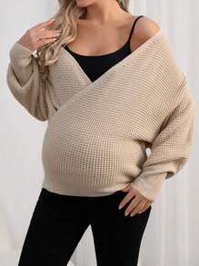 SHEIN 孕妇纯色 V 领裹身毛衣，适合冬季 - 杏色 - 查看 2