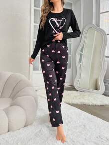 Conjunto De Pijama Con Estampado De Corazón Y Eslogan - Negro - Ver 5