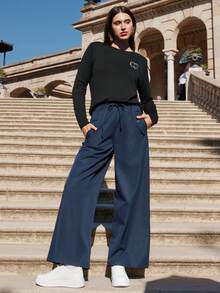 SHEIN Frenchy Drawstring Waist Wide Leg Pants - Navy Blue - View 5