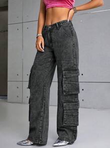 SHEIN ICON Túi có nắp Quần jean chở hàng - Xám - Xem 4