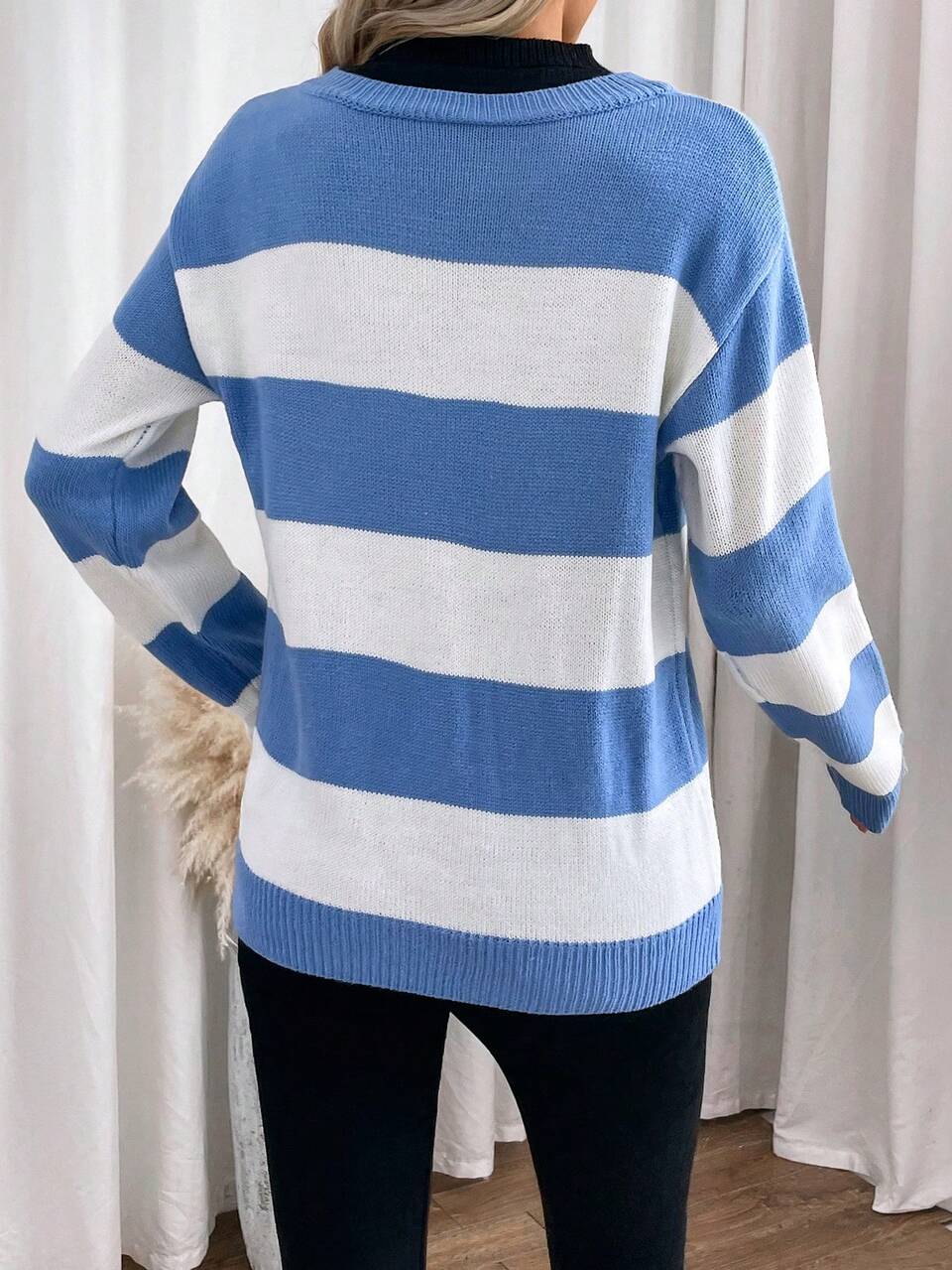 Striped Pattern Drop Shoulder Knit Pullover Fall Winter Sweater
