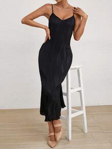 SHEIN Privé Ruffled Fish Tail Hem Dress - Black - View 7