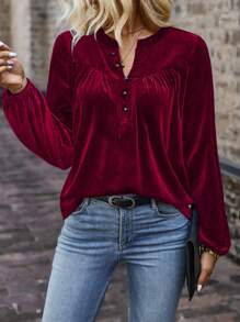 SHEIN Clasi 鋸齒領口圓球袖t恤 - 酒紅色 - 查看 5