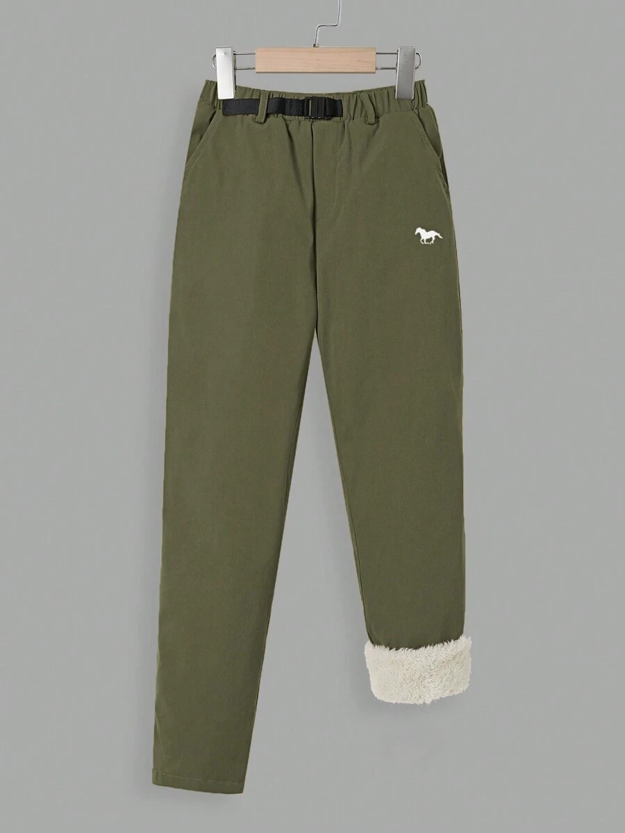 SHEIN 男大童馬印花金屬扣環腰帶長褲 - 綠色 - 查看 1