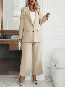 SHEIN Privé 1入組套裝套裝帶套裝翻領和前 - 卡其色 - 查看 4