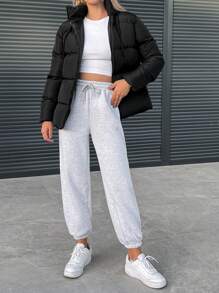 EURMUSE Zipper Front Hooded Padded Jacket - Black - View 6