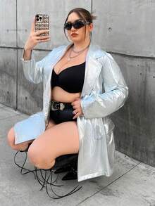 SHEIN ICON 大碼西裝領翻蓋細節西裝外套 - 銀色 - 查看 2