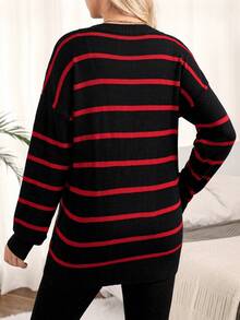 SHEIN Maternity Drop Shoulder Striped Sweater - Black - View 2