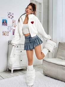 SHEIN EZwear Của phụ nữ Thêu trái tim Tai 3D Túi khóa kéo Sang trọng Ngắn Áo khoác - trắng - Xem 4