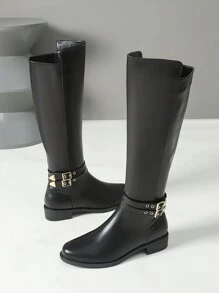 可搭配外套，女士时尚过膝长靴，黑色，金属扣装饰，侧拉链，百搭裙装紧身靴，冬季，圆头，粗跟，舒适女士长靴，派对装 - 黑色 - 查看 8