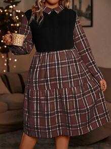 SHEIN LUNE 大尺碼對比領格子裙 - 咖啡棕 - 查看 1