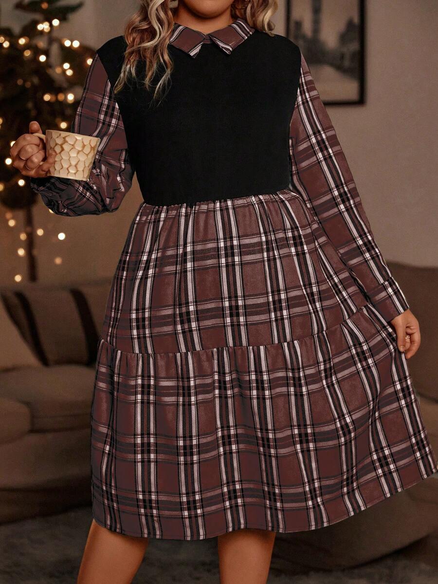 SHEIN LUNE 大尺碼對比領格子裙 - 咖啡棕 - 查看 1