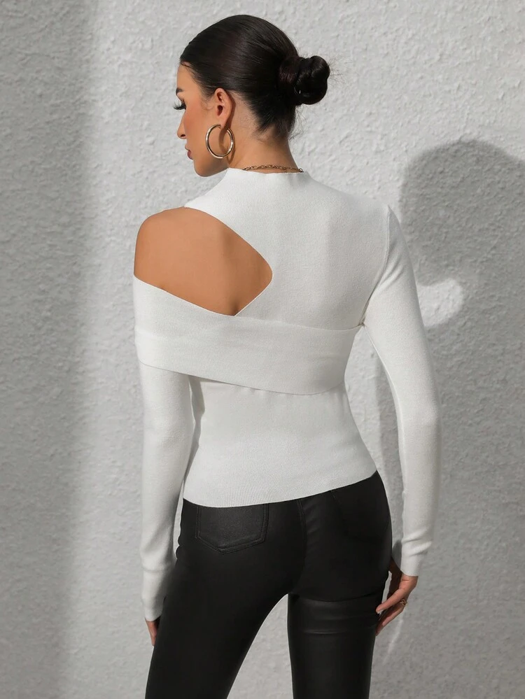 Cut Out Mock Neck Ribbed Knit Pullover Fall Winter Sweater