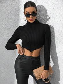 Zolique High Neck Asymmetrical Hem Crop Knit Pullover Fall Winter Sweater - Black - View 4