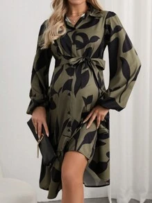 SHEIN 孕婦植物印花燈籠袖襯衫連帶腰帶裙 - 墨綠色 - 查看 1