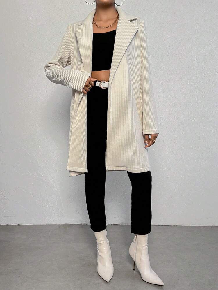 Lapel Neck Open Front Corduroy Coat