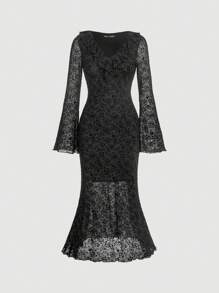 SHEIN MOD Của phụ nữ Thanh lịch Đen In hoa Cổ chữ V Đầm - màu đen - Xem 1