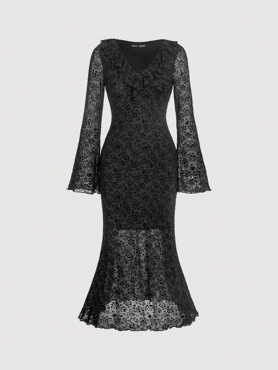 SHEIN MOD Của phụ nữ Thanh lịch Đen In hoa Cổ chữ V Đầm - màu đen - Xem 1