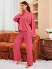 飄肩束腰連帽t恤和褲子休閒套裝 - 玫紅色 - 查看 3