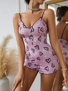 Heart Pattern Cami Sleepwear Jumpsuit With Frill Trimmed - Pink - View 4