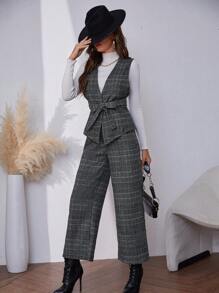 Mulvari Kẻ sọc Thắt lưng Bộ đồ Áo vest Và Quần Bộ - Màu xanh lam - Xem 4