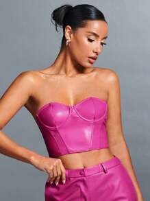 SHEIN BAE Glamorous Strapless Corset Leather Red Bustier Tube Top - Hot Pink - View 4