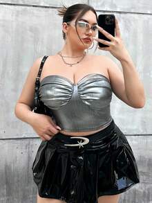 SHEIN ICON 大碼素色褶邊抹胸上衣 - 銀色 - 查看 4