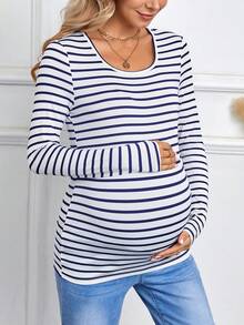 SHEIN Maternity Striped Print T-shirt - Blue and White - View 6