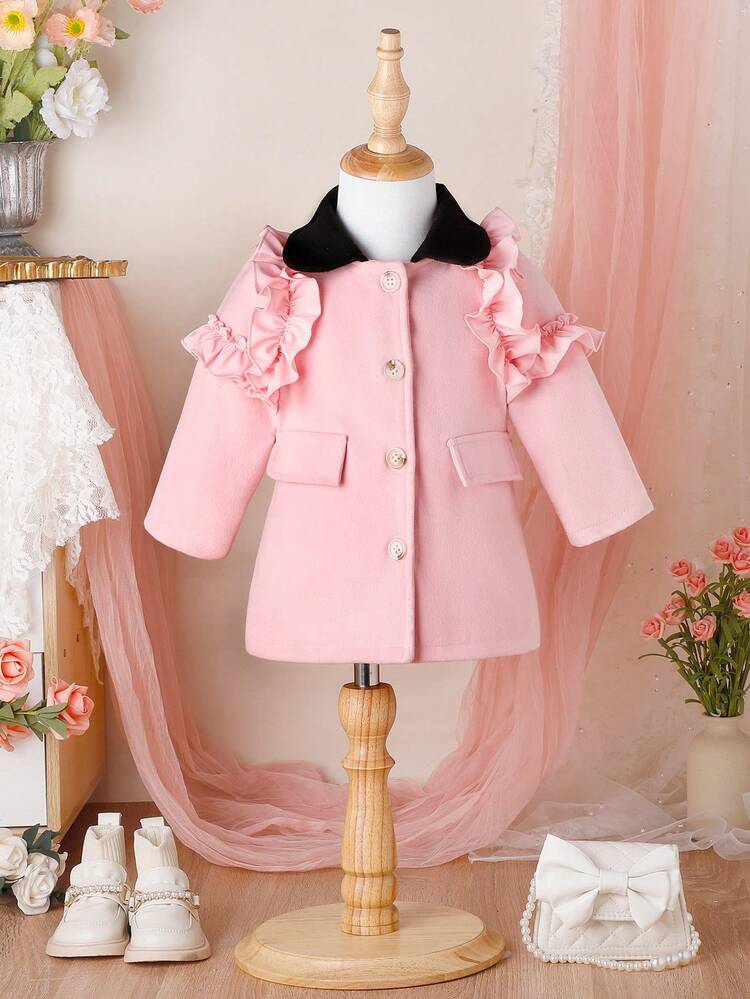 Baby Girl Ruffle Trim Flap Detail Coat Without Sweater