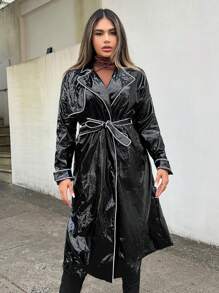 SHEIN SXY Women's Trench Coat With Belt - Black and White - View 3