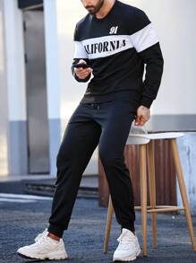 Manfinity Homme Men's Letter Print Color-block Two Piece Outfit - Black - View 6