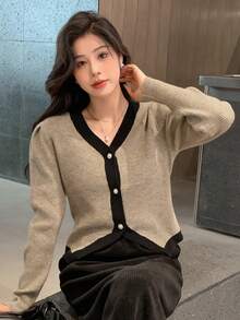DAZY Contrast Trim Puff Sleeve Cardigan - Khaki - View 8