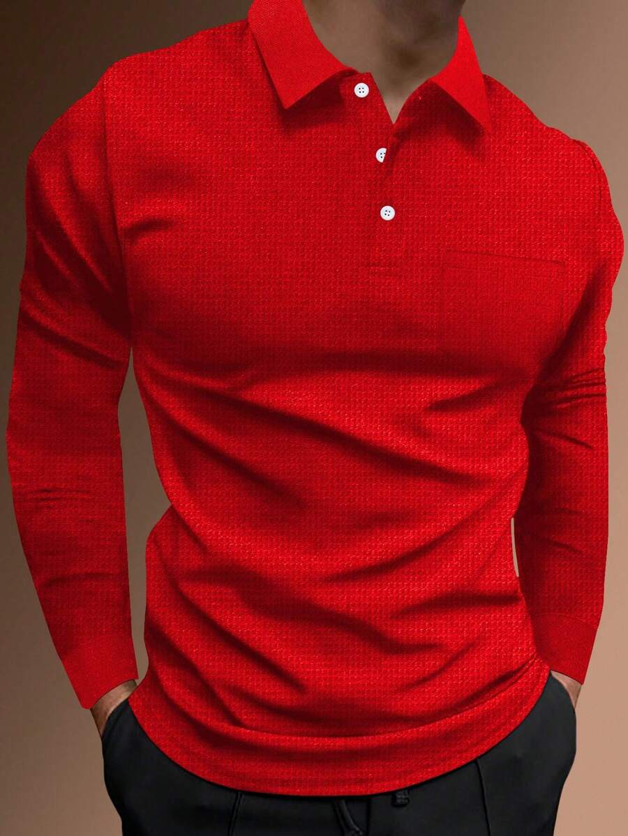 Manfinity Homme Men's Solid Color Waffle Polo Shirt - Red - View 1