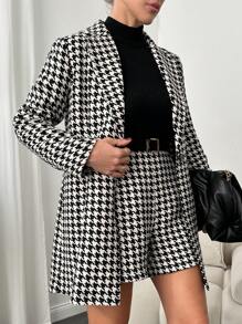 EURMUSE 青春時尚犬牙紋圖案西裝套裝,內含翻領西裝外套和短褲