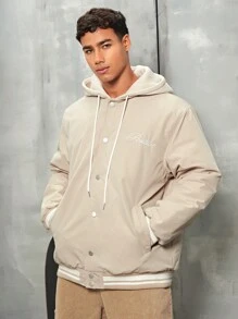 Manfinity Hypemode Men's Ultra Loose Fit Hooded Padded Coat With Letter Embroidery, Button Closure And Striped Trim Design - Khaki - View 4