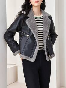 Teddy Lined Zip Detail PU Leather Jacket - Black - View 3
