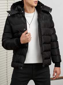 SHEIN Cottnline Men Slant Pocket Hooded Puffer Coat - Black - View 1