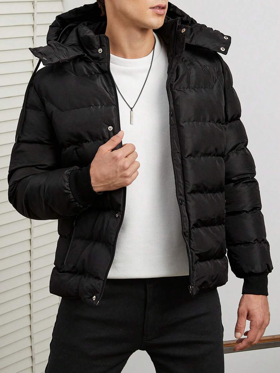 SHEIN Cottnline Men Slant Pocket Hooded Puffer Coat - Black - View 1